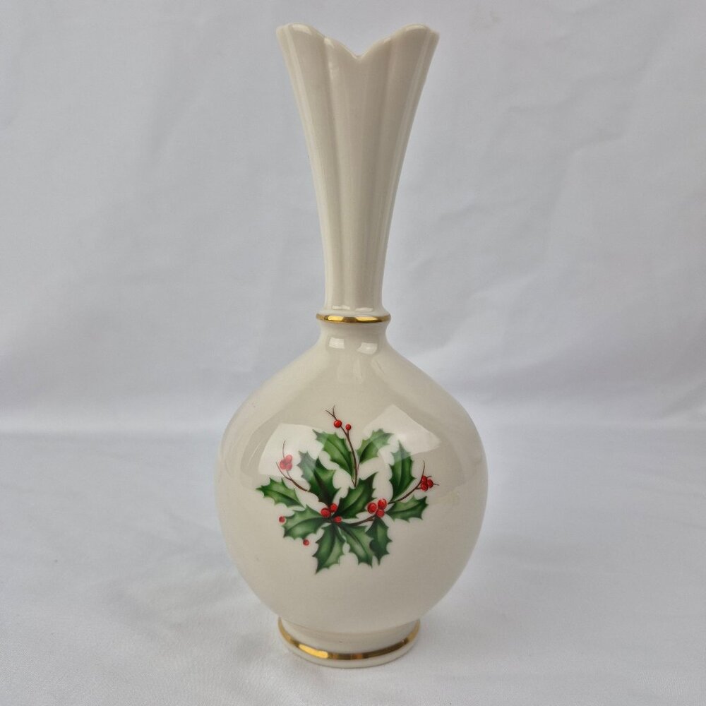 Lenox Holiday Bud Vase with 24K Gold Trim Holly Leaves and Berries